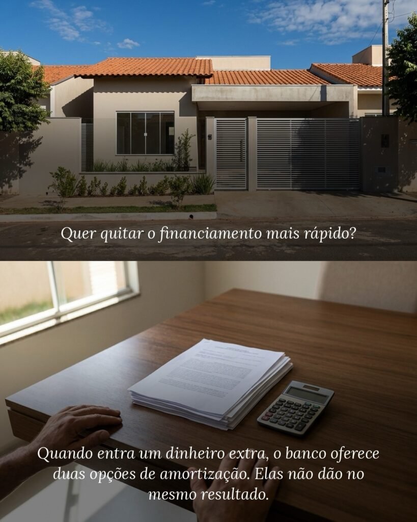Quer quitar o financiamento antes do prazo? A escolha que decide isso acontece na hora de amortizar. Quem financia um imóvel em 360 parcelas passa trinta anos pagando. Quando entra um dinheiro extra — 13º, bônus, FGTS, restituição do imposto, uma comissão — o banco oferece duas opções: diminuir o valor da parcela ou diminuir a quantidade de parcelas. As duas usam o mesmo dinheiro e dão resultados diferentes. Reduzir a parcela alivia o mês e mantém o contrato do mesmo tamanho, com os juros correndo até o fim. Reduzir o prazo corta parcelas do fim do contrato, e com elas os juros daqueles anos. Se o objetivo é sair da dívida antes, a opção costuma ser reduzir o prazo. E vale conferir no banco ou no aplicativo se a amortização está abatendo parcelas e não só diminuindo o valor das próximas. Nós vendemos casas e terrenos aqui em Araguari, e a conversa sobre financiamento vem antes da chave. Comenta CASA que nós ajudamos você a entender as opções antes de assinar. 📍 Server Group — Araguari-MG WhatsApp (34) 9 9219-5276 #Araguari #CasaPropria #FinanciamentoImobiliario #ImoveisAraguari #TrianguloMineiro